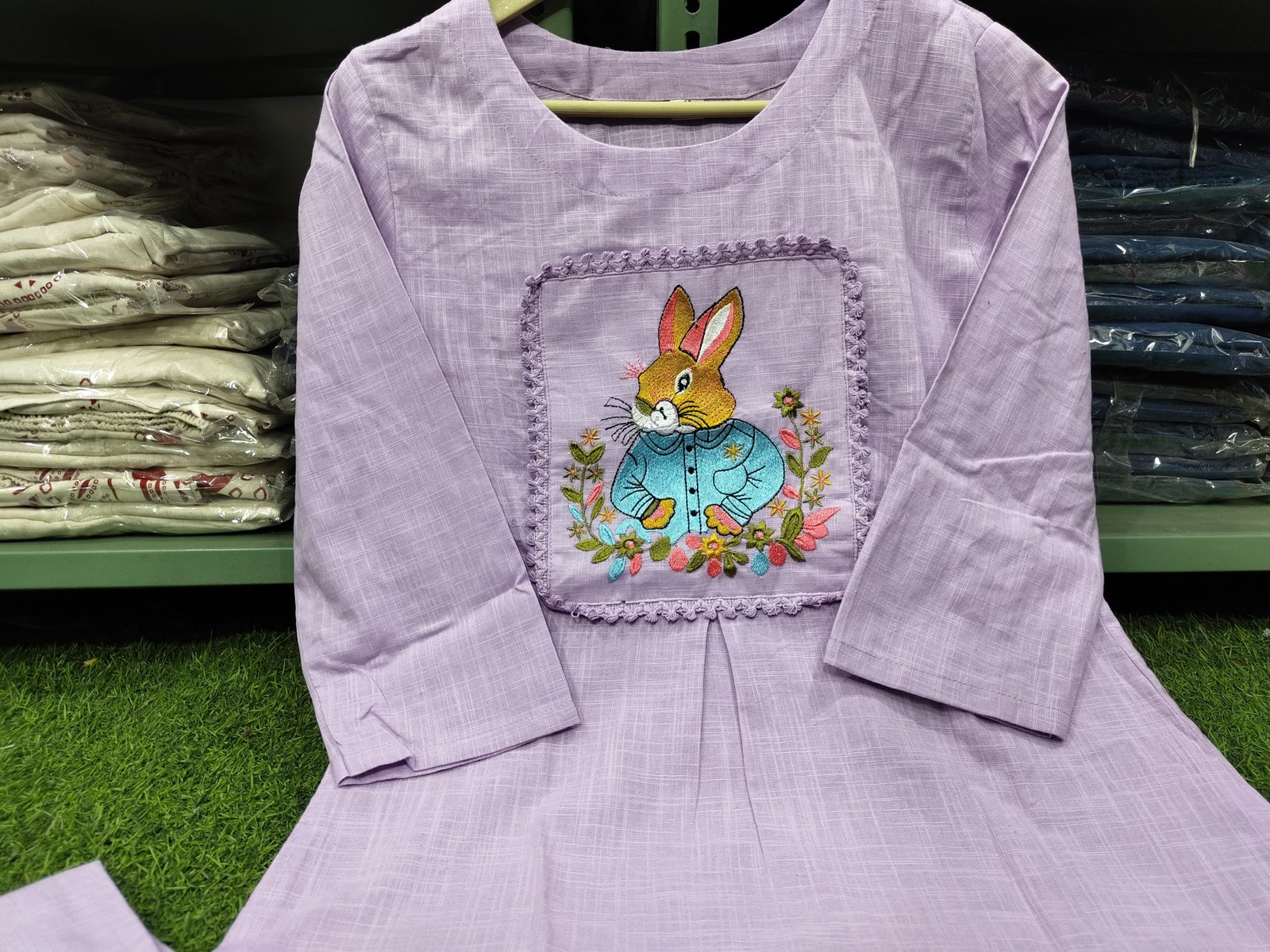 Purple Cotton Slub Embroidered Tunic Set